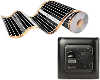 Infrarot Heizfolie, elektrische Fußbodenheizung, 100 cm, Set, 220 W/qm mit und ohne Thermostat (W70 Schwarz thermostat, 10 lm = 10m²)