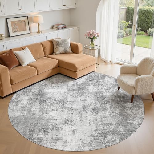 ELLIUNE Washable Round Rug 8ft, Neutral Gray Soft Low Pile Living Room Rug