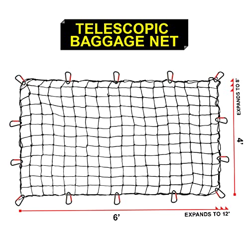 Bigtur 4'X6' Cargo Net For Pickup Truck Beds, Bungee Net Stretches To 8'X12' For Oversized Rooftop Cargo Rack, With Small 3 X 3 Mesh, 4 Strong Elastic Baggage Cords And 12 D-Clips + 12 Hooks #TOP2