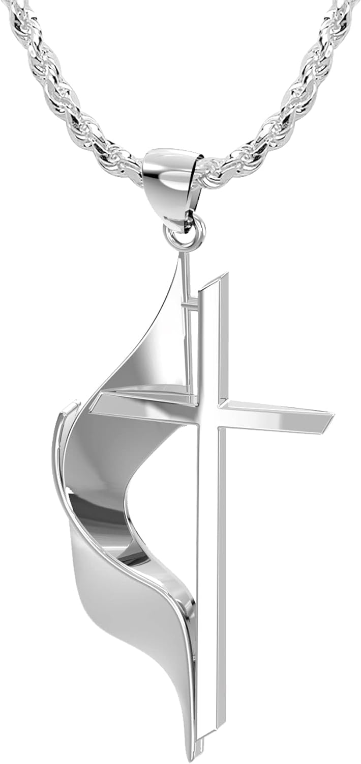 US Jewels Ladies 925 Sterling Silver Polished 30mm Methodist Cross Pendant Necklace, 18in to 24in