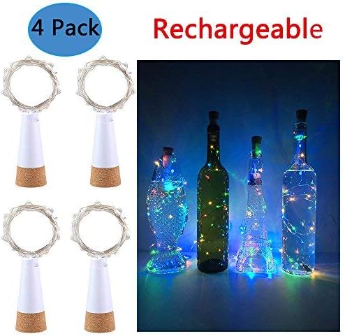 Anipopy Rechargeable Wine Bottle Lights 4 Pack Cork Shaped USB Powered String Fairy Lights for Bottle DIY,Christmas Wedding Party Indoor Decoration (Colorful)