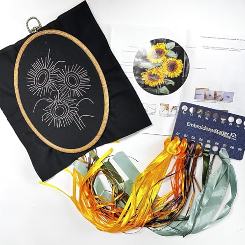 Image of FONNUY Ribbon Embroidery 3D Flowers Pattern Design Kit Embroidery DIY Handwork Set Oval Home Decoration (Sunflower)