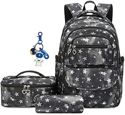 Star-Print School Backpack Set with Lunch Kits Bookbag for Teenager Girls 3pcs SchoolBag for Primary Student