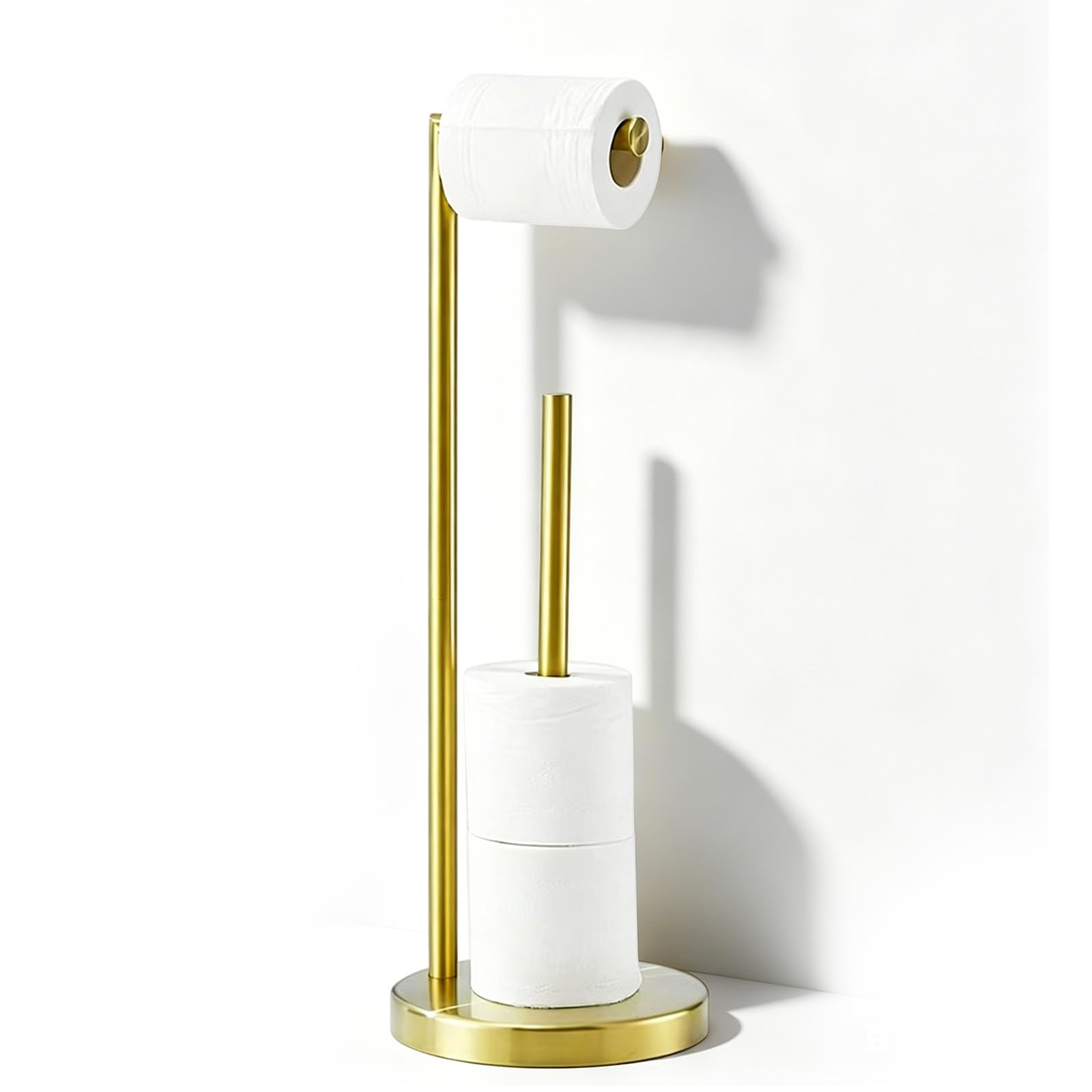 Toilet Roll Holder Free Standing, Brushed Brass Toilet Roll Holder Freestanding Toilet Roll Stand Storage Stainless Steel Paper Holder With Heavy Base for Bathroom Accessories