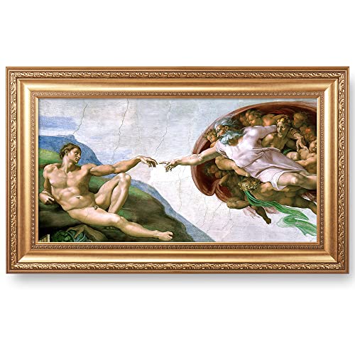 The Creation of Adam by Michelangelo The World Classic Art Reproductions, Giclee Prints Framed Wall Art for Home Decor,Image Size:30x16 inches,Width Gold Embossing Framed Size:36x22 inchs