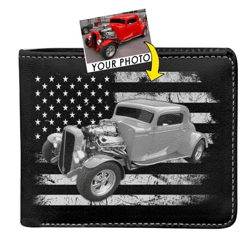 Hot Rod Classic Vintage Car Personalized Photo Printed Leather Men Bifold Wallet, Unique Custom Gift For Car Guys, Drag Racers, Street Rat Rod Owners, Muscle Car Gift For Him (BK5-Grayscale)