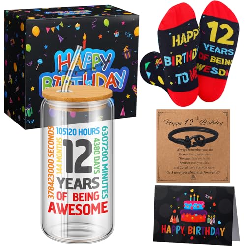 Geyoga 12 Year Old Boy Gifts Ideas 12th Birthday Gifts Baskets for Beautiful Teen Boys Funny Birthday Gift Box with Greeting Card Socks Bracelet Tumbler for Kids Grandson Brother