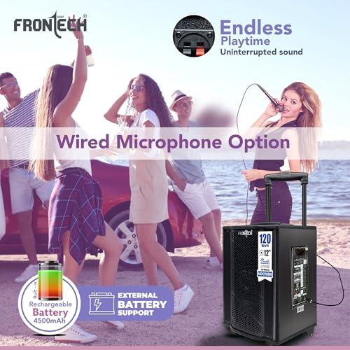 Image of FRONTECH Nocturn Trolley Speaker | 120W Powerful Sound | Dual Wireless Microphones | USB /TF /Bluetooth /FM | Guitar & MIC Input | Rechargeable Battery (SW-0210, Black)