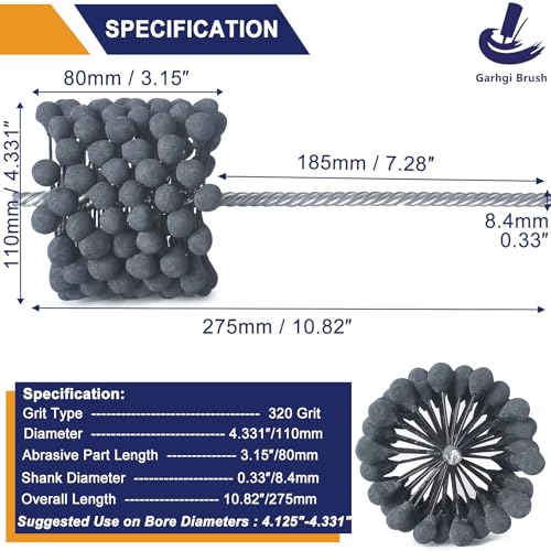 Image of Garhgi 4.331 inch(110mm) Cylinder Hone with 320 Grit SC Ball Brush Tool | Flexible Resilient for 4.125″-4.331″ Bore, Large Automotive Engine Brake Rotor Pistons Cambearings Crosshatching Smoothing