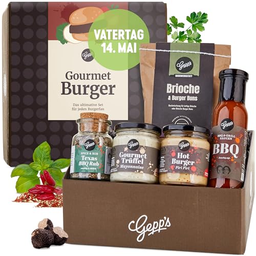 Gepp’s Feinkost Burgerbox Geschenkset I Gefüllt mit feinsten Grill- und BBQ-Saucen, Texas BBQ Rub und Brioche I Geschenkidee für Grillfeste, Burger-Abende & zum...