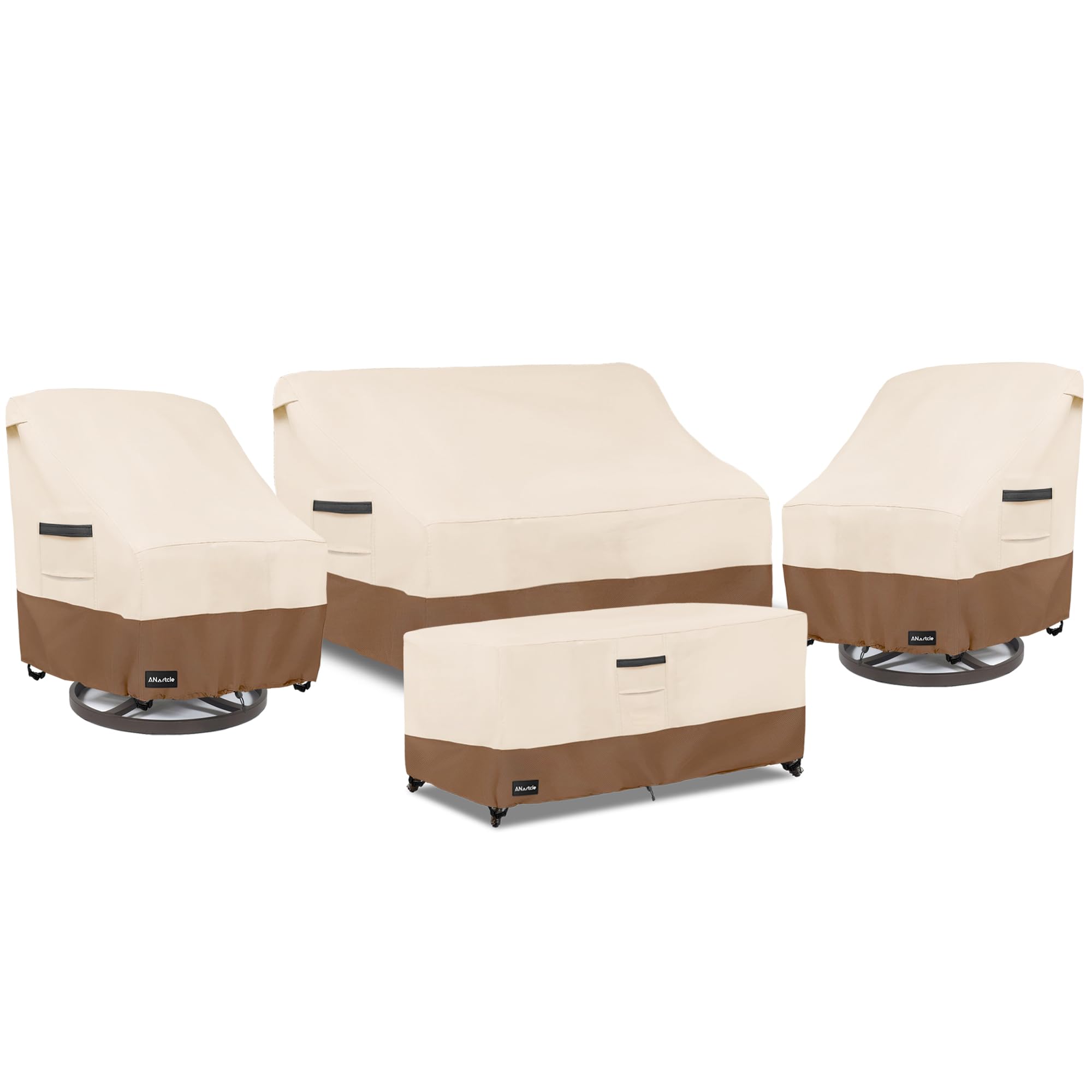ANartcle Patio Furniture Covers 4 Piece Set, 600D Waterproof Heavy Duty Outdoor Furniture Covers,Fit Wicker Patio Loveseat, Swivel Rocker Chair and Coffee Table,Beige&amp;brown