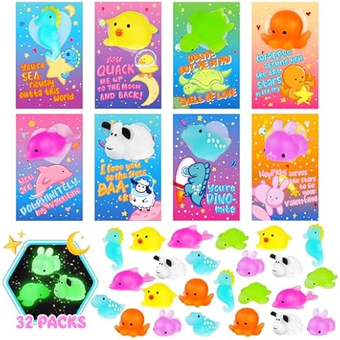 Valentines Day Gifts for Kids, 32 Pack Valentines Cards for Kids Classroom with Kawaii Squishy Toys Glow in The Dark, Valentine Exchange Gift for Boys Girls Toddlers School Class Game Prizes Cover