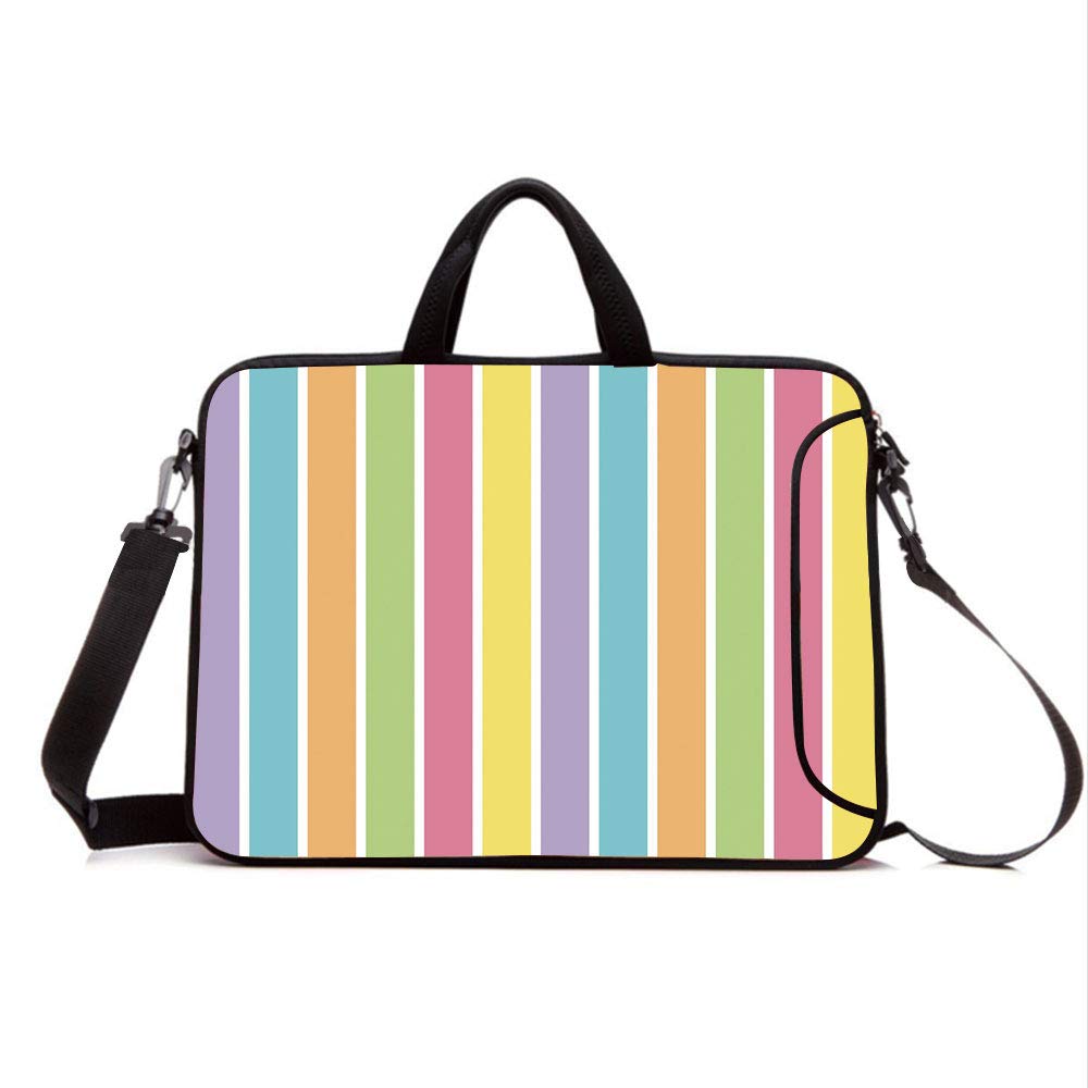 15" Neoprene Laptop Bag Sleeve with Handle,Adjustable Shoulder Strap & External Side Pocket,Colorful,Pastel Colored Striped Summer Pattern Funky Cheerful Rainbow Inspired Traditional Decorative,Mult