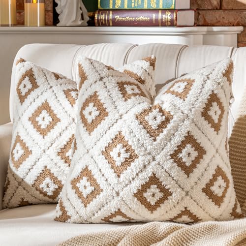 AmHoo Pack of 2 Decorative Throw Pillow Covers Rhomboid Luxury Super Soft Plush Set Case Cushion for Couch Sofa Bedroom 20 x 20-Inch Tawny Brown