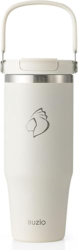 Miniatura 8 de BUZIO Vaso de 40 onzas con asa, vaso de agua aislado con tapa 2 en 1 y popote, vaso de acero inoxidable con doble pared recubrimiento de polvo, taza