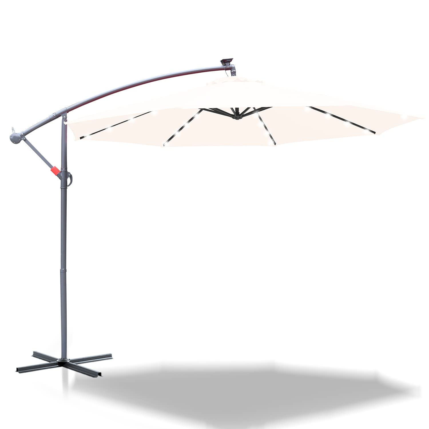 Aluminiowy parasol przeciwsłoneczny LED, parasol słoneczny, beżowy, Ø 300 cm, z korbą, ze stojakiem, ochrona przed promieniowaniem UV, aluminium, z korbą, wodoszczelny, Beżowy z diodami LED