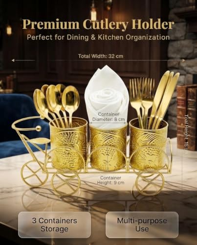 Image of Global 3-Compartment Cutlery Holder | Spoon Stand | Tissue Holder for Dining Table & Kitchen | Multi-Purpose Cutlery set for Dining Table-Gold