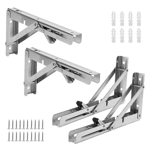 ZEONHAK 4 PCS 10 Inch Folding Shelf Brackets, 25cm Stainless Steel Collapsible Table Bracket, Silvery Foldable Supoort Wall Brackets for Workbench, Folding Table, DIY Bracket, Max Load 165 lbs