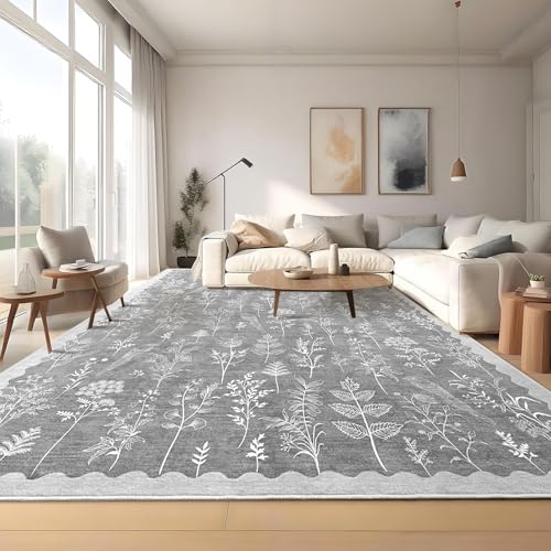 GarveeHome Washable 8x10 Area Rugs for Living Room Scalloped Floral Bedroom Rug, Non-Slip Stain Resistant Dining Table Carpet, Botanical Large Rug Neutral Carpet for Farmhouse Dorm Home Office,Grey