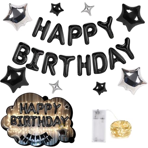 CANREVEL Happy Birthday Banner Decorations + 8Pcs Star Balloons, Black