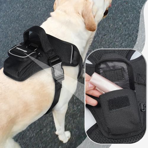 Hjumarayan Hundegeschirr Grosse Hunde, Anti Zug Hundegeschirr mit Frontring, mit Tasche für GPS Tracker, Geschirr Gepolstert mit Griff, Anti Zieh Geschirr für Bulldogge, Husky, Labrador, Schwarz L