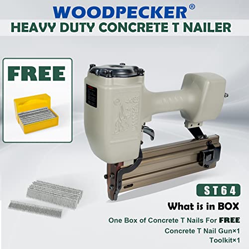 Woodpecker St64 14 Gauge Heavy Duty Pneumatic Concrete T Nailer Kit With 400 Pcs Concrete T Nails, 1-Inch To 2-1/2-Inch Leg Air Power Concrete Nails Gun Woodworking Brad Nailer Guns #TOP1