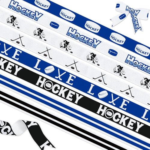 YKW 8 Rollen Hockey-Bänder-Set, 0,95 cm breit, blau, Ripsbänder für Geschenkverpackungen, Party-Dekoration, Bastelarbeiten, Sportzubehör mit Eishockey-Thema, für Fans, Spieler, Trainer, Cheerleader,