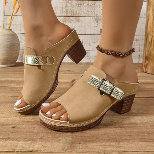 ZSpzx Women Chunky Heels Sandals 2025,Fashion Ladies Dress Slip-On Beach Vacation Slippers Comfortable Non-Slip Walking Footwear Summer Arch Support Peep Toe Casual Shoe Indoor/Outdoor Daily Wear3