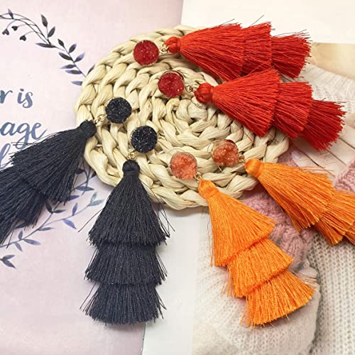 3 Pairs Black Red Orange Tassel Earrings Set For Women Teen Girls,Layered Tassel Druzy Stud Dangle Earrings Bohemian Holiday Trendy Statement Earrings Jewelry Halloween Christmas Valentines Day Gifts #TOP2