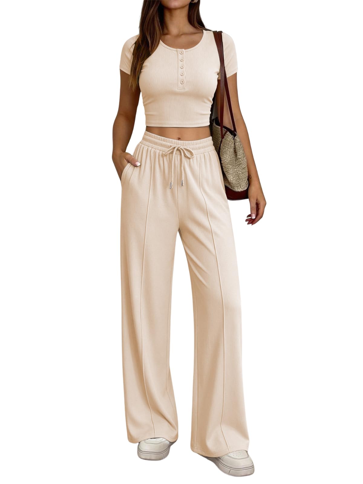 JFAN Conjunto Chándal Mujer 2 Piezas Verano Casual Conjunto Mujer Loungewear Ropa Deportiva Para Cómodo Acanalado Corto Top Pantalone Deportivo con Bolsillos