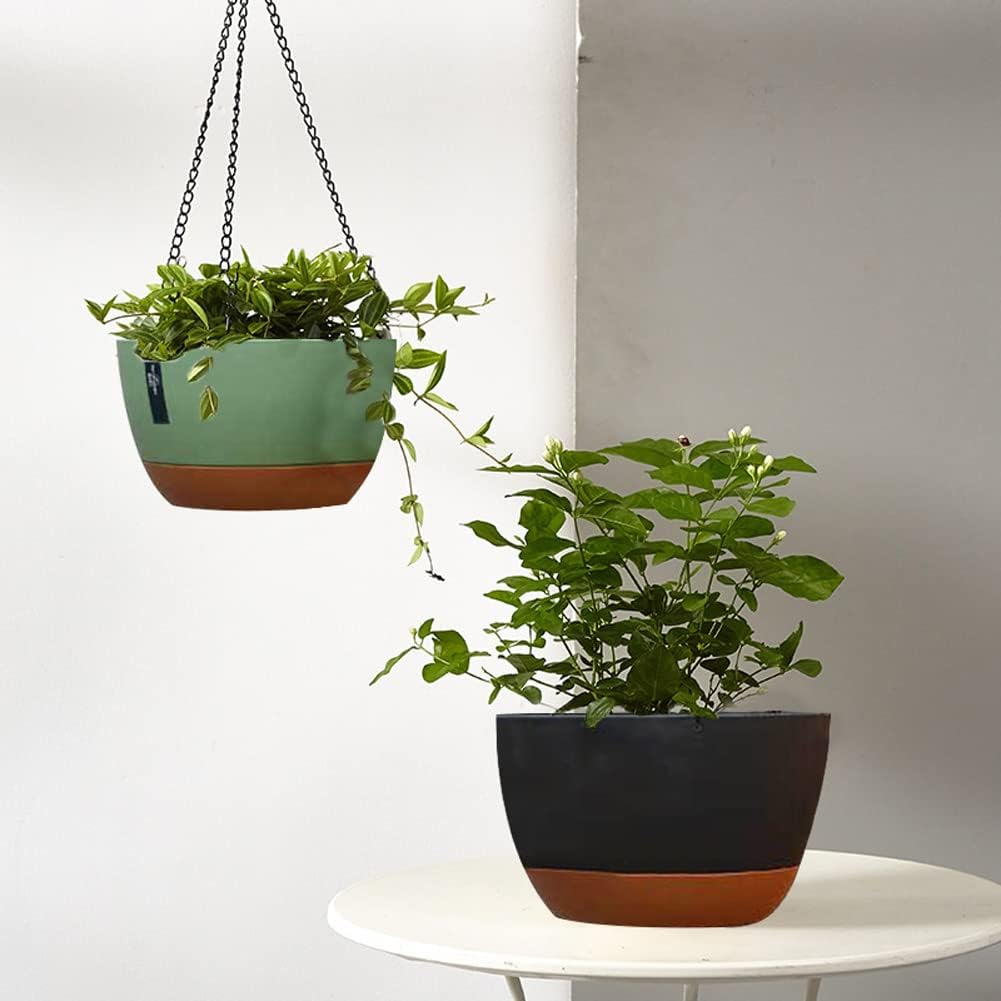 2 Pack Hanging Planters, 11.4 Inch Plastic Hanging Flower Pot Plant Basket with Drainage Holes, Self-Watering Hanging Flower Plant Pots with Removable Tray for Indoor Outdoor Plants