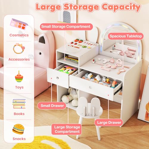 Image of HONEY JOY Kids Vanity with Lights, Rabbit Themed Princess Makeup Dressing Desk, Storage Cabinet, Wooden Pretend Play Toddler Vanity Table & Chair Set with Lighted Mirror for Little Girls (White)