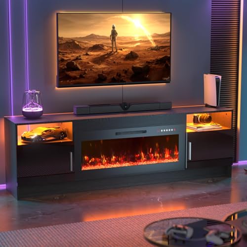 Kucreiheat TV Stand with Fireplace and Led Light-Black Entertainment Center for 75+ inch TV- TV Cabinet with Storage, High Glossy Door, Modern TV Console for Living Room, 70'' Black