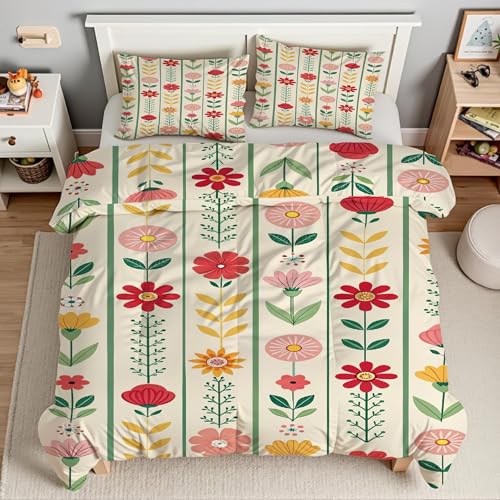 Housse de couette 160x200 fleurs avec ses 2 taies d'oreiller assorties