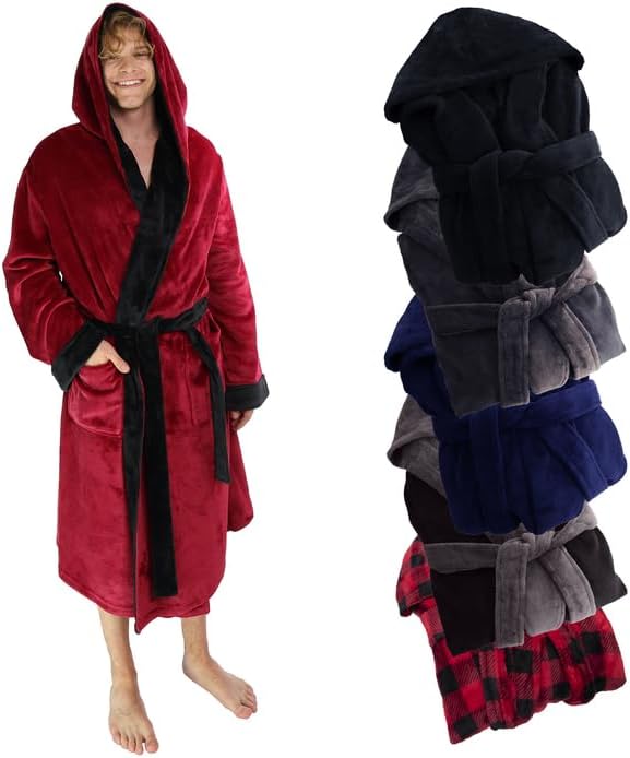 Ross Michaels Mens Robe Hooded Wrap Style - Mid Length Plush Fleece Bathrobe