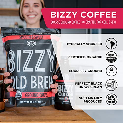 Bizzy Organic Cold Brew Coffee | Smooth & Sweet Blend | Coarse Ground Coffee | Micro Sifted | Specialty Grade | 100% Arabica | 2 Lb #TOP5