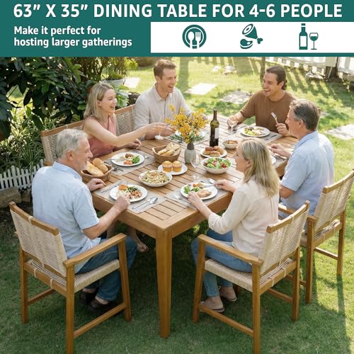 Image of Acacia 63 inch L Classic Rectangular Outdoor Dining Table, Up to 6 Seats, Solid Eucalyptus Grandis Wood | Waterproof & UV Resistant, Low Maintenance & Easy Assembly Tables for Garden, Patio | Natural
