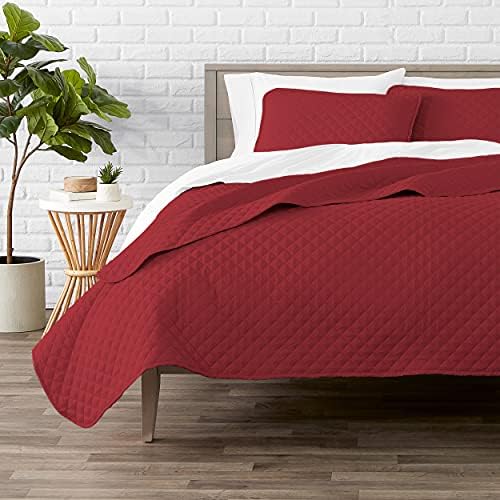 Bare Home Premium Diamond Stitched 3 Piece Coverlet Set - Ultra-Soft Luxurious Lightweight All Season Bedspread (Full/Queen, Red)