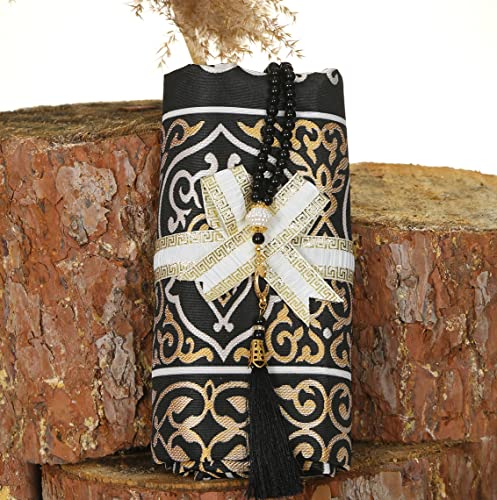Eserra Muslim Prayer Rug, 99 Prayer Beads And Prayer Cap Included, Prayer Mats Muslim For Praying Men, Women, And Kids, Prayer Set, Prayer Rugs Islam (Black And Yellow) #TOP5