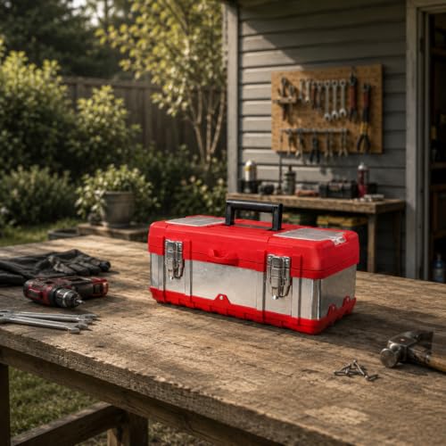 Image of JPT 17-Inch Metal Tool Box, Transparent Top Organizer, Removable Tray | 17 Inches Heavy-Duty Metal Body Transparent Lid Organizer Removable Organizer Tray Heavy-Duty Metal Hinges Locking Latch