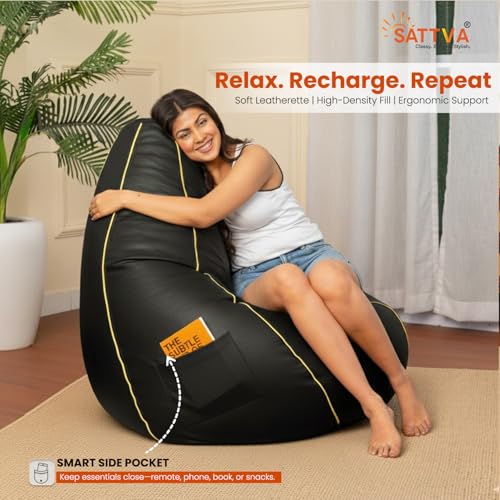 Image of Sattva Classic Piping XXXL Bean Bag with Pocket Filled with Beans | Faux Leather Teardrop Bean Bag for Adults & Teens | Pre-Filled Comfortable Seating for Home, Bedroom - Dark Green with Yellow Piping
