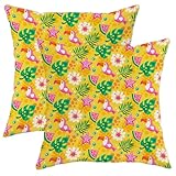 Lot de 2 housses de coussin décoratives personnalisées avec imprimé oiseaux exotiques et fleurs tropicales jaunes pour jardin, voiture, maison, 45 x 45 cm