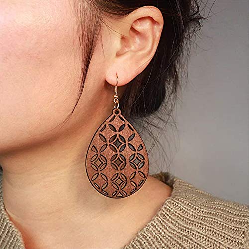 Smalllove Bohemian Wooden Hollow African Earrings For Women Girls Natural Light Weight Wood Teardrop Drop Dangle Hook Earrings (Brown) #TOP2
