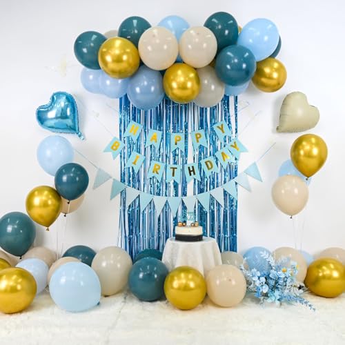 Image of Blue Birthday Decorations, Dusty Blue White Sand Gold Birthday Balloons Set