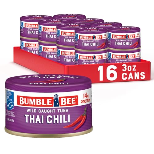 Bumble Bee Snackers - Thai Chili Tuna, 3 oz Easy Open Can - 14g Protein per Serving - Wild Caught Skipjack Chunk Light Tuna Pack - No Draining, Ready to Eat (Pack of 16)