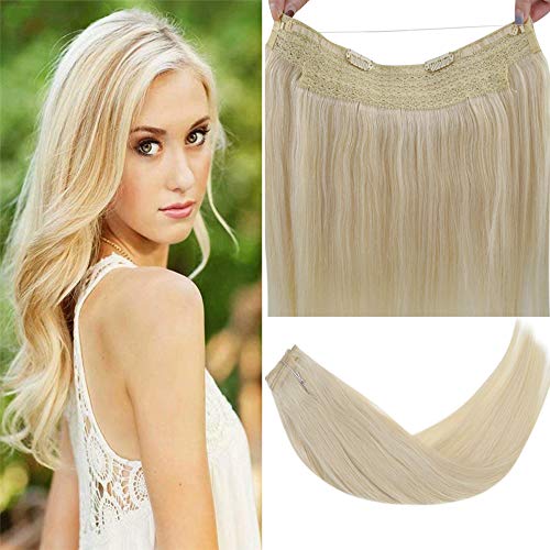 [Hot Color]LaaVoo 18inch One Piece Fish Line Halo Human Hair in Platinum Blonde Hair Extensions Secret Wire Tangle Free European Hair Extensions 11 inch Width 80g Per Pack