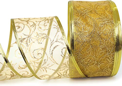 Sheer Ribbon Gift Wrap Set - Wedding Ribbons 50 Yard Gift Wrapping Ribbons Wired 2.5 Inch Gold & Silver Organza 2 Pack Rolls 25 Yd Kit For Craft, Weddings Decoration, Anniversary Presents, Florist #TOP3