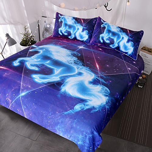 BlessLiving Galaxy Unicorn Bedding Kids Girls Psychedelic Space Duvet Cover 3 Piece Pink Purple Sparkly Unicorn Bedspread(Single)