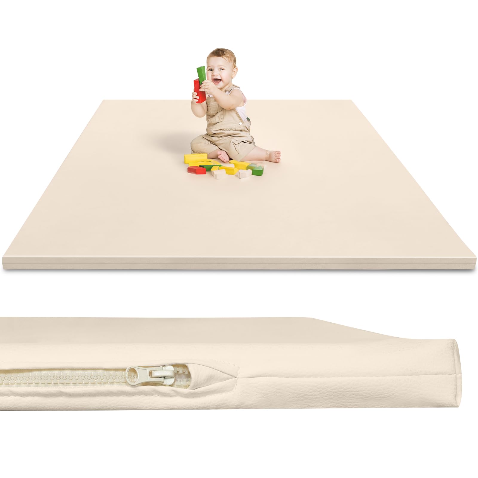 Leder Krabbelmatte Baby 125x125x3cm Beige: Extra Dicke Spielmatte für Baby & Kinder - Weich & Wasserdicht Krabbeldecke für Laufgitter
