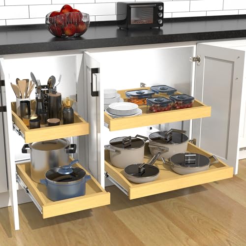 2 Tier Pull Out Cabinet Organizer, 20"W x 21"D Solid Wood Heavy-Duty Base Bottom Assembly Slide out Drawer Shel Cabinet Organization for Kitchen, Pantry, Bathroom